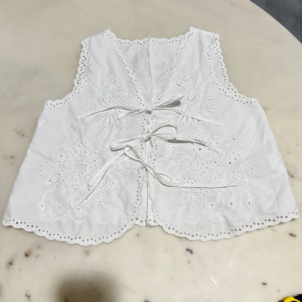 White Eyelet Embroidered Tie Front Vest Coquette Cottagecore Romantic Feminine